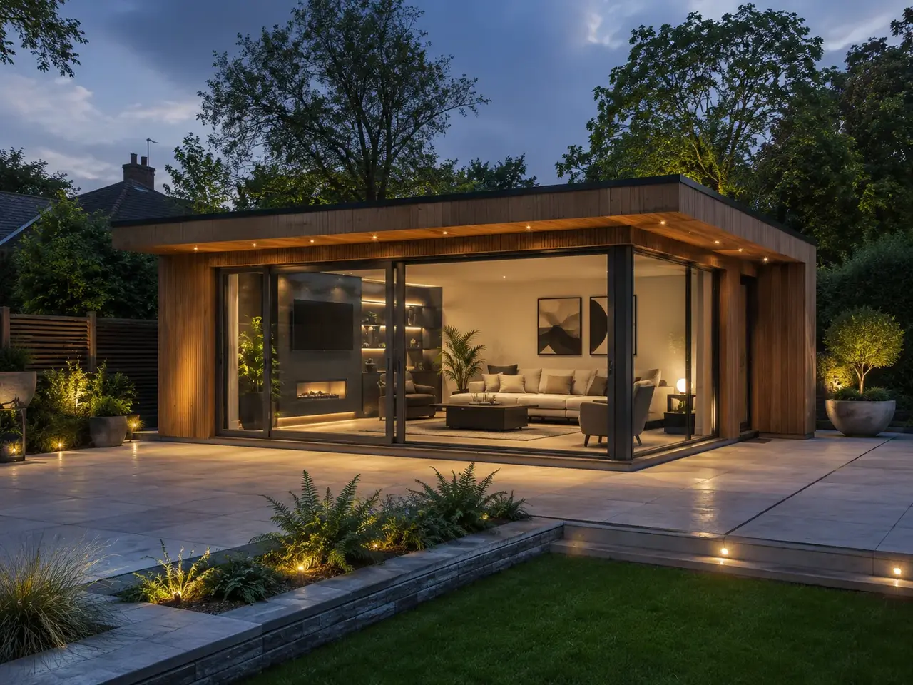 Contemporary garden room lounge with glazed doors at dusk, built in Essex by Claremont Build & Co